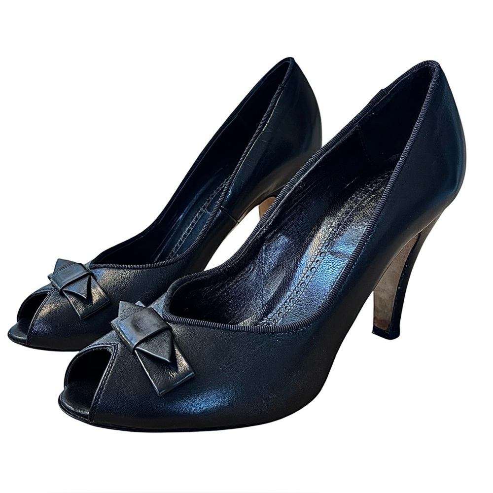 BROOKS BROTHERS Black Leather Peep Toe Heels w/ Bows